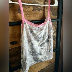Camo Print Tank Top with Pink Lace Trim